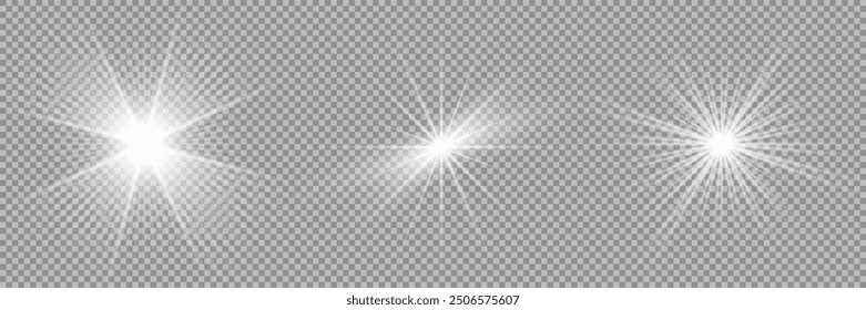 Set of white glowing light burst on a transparent background, glow bright stars, the star burst with brilliance, white sun rays, light effect, flare of sunshine with rays, vector illustration