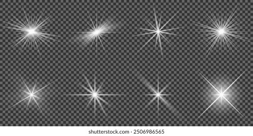 Set of white glowing light burst on a transparent background, white sun rays, glow bright stars, the star burst with brilliance, light effect, flare of sunshine with rays, vector illustration, eps 10