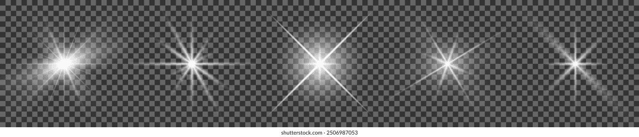 Set of white glowing light burst on a transparent background, white sun rays, glow bright stars, the star burst with brilliance, light effect, flare of sunshine with rays, vector illustration, eps 10