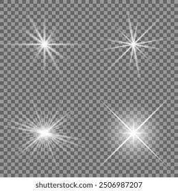 Set of white glowing light burst on a transparent background, glow bright stars, the star burst with brilliance, white sun rays, light effect, flare of sunshine with rays, vector illustration, eps 10