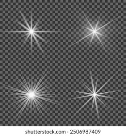 Set aus weißem, glühendem Licht, das auf transparentem Hintergrund geplatzt ist, weißen Sonnenstrahlen, leuchtenden, hellen Sternen, der Stern, der mit Brillanz geplatzt ist, Lichteffekt, Lichteinfall mit Strahlen, Vektorgrafik, eps 10