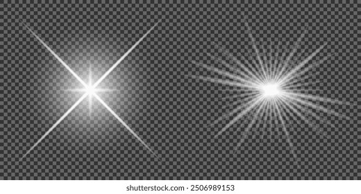 Set of white glowing light burst on a transparent background, white sun rays, glow bright stars, the star burst with brilliance, light effect, flare of sunshine with rays, vector illustration, eps 10