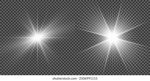 Conjunto de estallido de luz brillante blanco sobre un fondo transparente, rayos solares blancos, estrellas brillantes brillantes, la estrella estalló con brillo, efecto de luz, destello de sol con rayos, Ilustración vectorial, eps 10