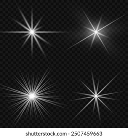 Set of white glowing light burst on a transparent background, glow bright stars, the star burst with brilliance, white sun rays, light effect, flare of sunshine with rays, vector illustration