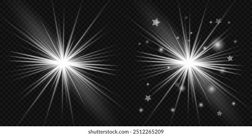 Conjunto de luz branca brilhante estourar em um fundo transparente, brilhar estrelas brilhantes, a estrela estourar com brilho, raios de sol brancos, efeito de luz, clarão de sol com raios, ilustração vetorial, eps 10