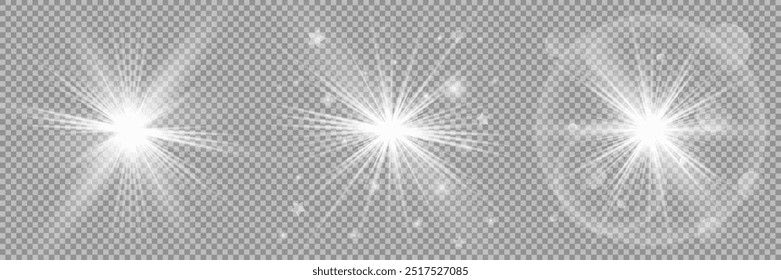 Set of white glowing light burst on a transparent background, glow bright stars, the star burst with brilliance, white sun rays, light effect, flare of sunshine with rays, vector illustration, eps 10