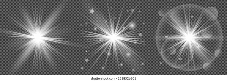 Set of white glowing light burst on a transparent background, white sun rays, glow bright stars, the star burst with brilliance, light effect, flare of sunshine with rays, vector illustration, eps 10