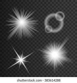 Set of white glowing light burst explosion with transparent. Vector illustration for cool effect decoration of ray sparkle. Bright star. Transparent shine gradient glitter, bright flare. Glare texture