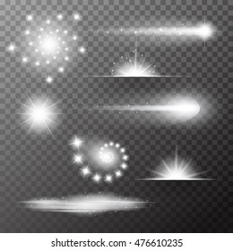 Set of white glowing light burst explosion with transparent. Vector illustration for cool effect decoration with ray sparkles. Bright star. Transparent shine gradient glitter, bright flare. sun and