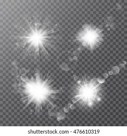 Set of white glowing light burst explosion with transparent. Vector illustration for cool effect decoration with ray sparkles. Bright star. Transparent shine gradient glitter, bright flare. sun and