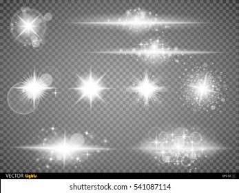 Set  white glowing light burst explosion with transparent. Vector illustration for cool effect decoration with ray sparkles. Bright star. Transparent shine gradient glitter bright flare. Glare texture