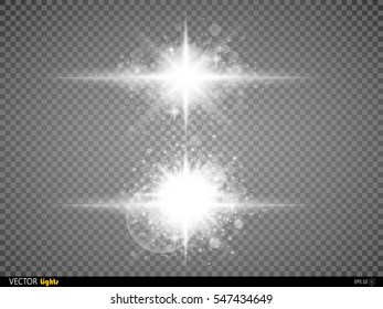 Set white glowing light burst explosion with transparent. Vector illustration for cool effect decoration with ray sparkles. Bright star. Transparent shine gradient glitter bright flare. Glare texture