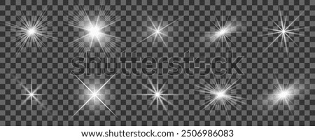Set of white glowing light burst on a transparent background, glow bright stars, the star burst with brilliance, white sun rays, light effect, flare of sunshine with rays, vector illustration, eps 10