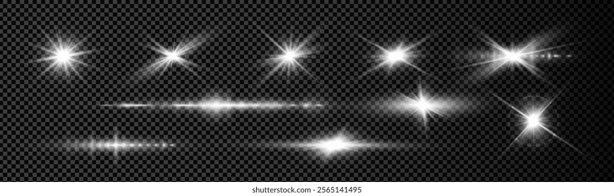 A set of white glowing light effects on a transparent background showcasing starburst and lens flare in various intensities. Starburst, lens flare, and glowing streak suitable for design and editing