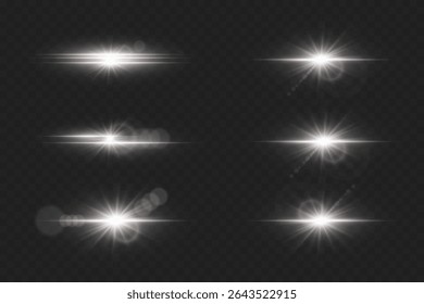 Set of white glowing light effects with highlights. On a transparent background.