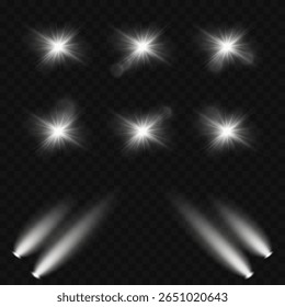 Een reeks witte gloeiende lichteffecten, waaronder fakkels, schijnwerpers, fonkelingen en lensgloeien en een sterrengloed.