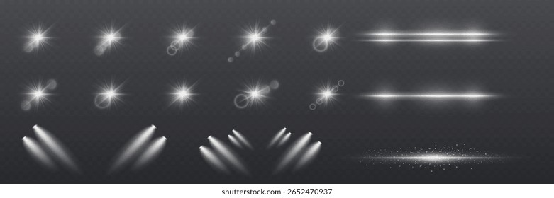 Un conjunto de efectos de luz blanca brillante que incluyen destellos, focos, destellos y brillos de lente, y una llamarada de estrella.