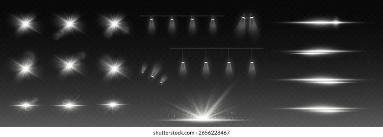 A set of white glowing light effects including flares, spotlights, sparkles and lens glows, and a star flare.