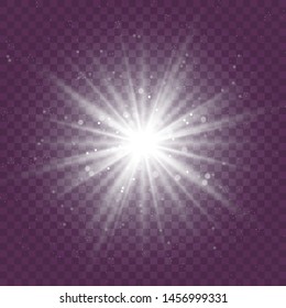Set of white glowing light explodes on a transparent background Sparkling magical dust particles. Star burst with sparkles. Gold glitter Bright Star. Transparent shining sun, bright flash Vector 