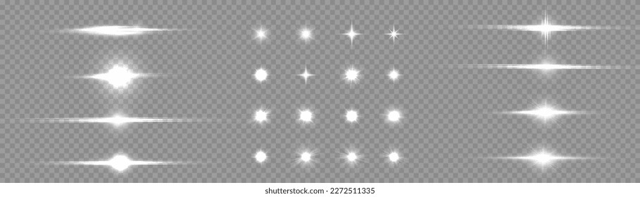 A set of white glowing light on a transparent background, white sun rays, bright stars with rays and highlights. Vector 10 eps