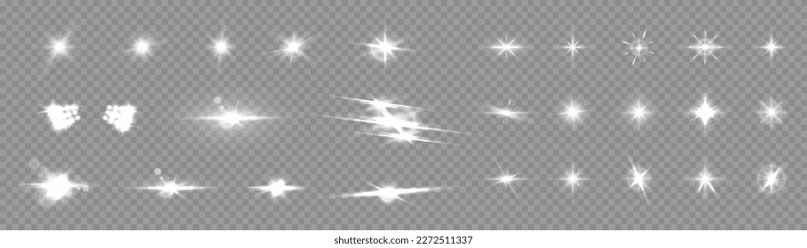 A set of white glowing light on a transparent background, white sun rays, bright stars with rays and highlights. Vector 10 eps