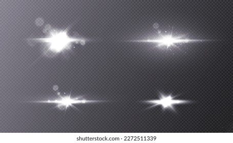 Eine Reihe von weißem, leuchtendem Licht auf transparentem Hintergrund, weißen Sonnenstrahlen, hellen Sternen mit Strahlen und Highlights. Vektor 10 eps