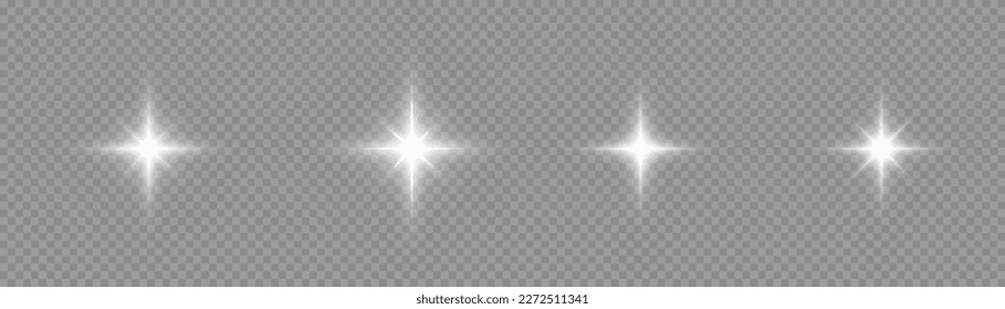 A set of white glowing light on a transparent background, white sun rays, bright stars with rays and highlights. Vector 10 eps