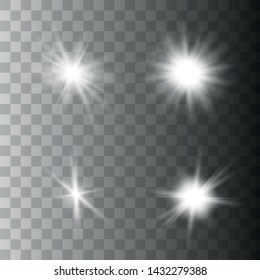 Set of white glowing lights effects isolated on transparent background. Sun flash with rays and spotlight. Glow light effect. Star burst.