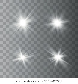 Set of white glowing lights effects isolated on transparent background. Sun flash with rays and spotlight. Glow light effect. Star burst.