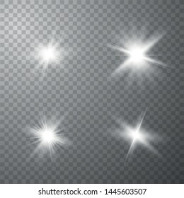 Set of white glowing lights effects isolated on transparent background. Sun flash with rays and spotlight. Glow light effect. Star burst.