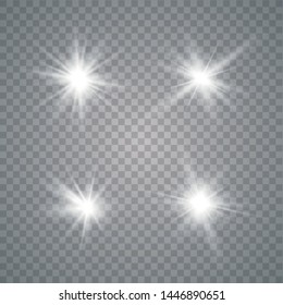 Set of white glowing lights effects isolated on transparent background. Sun flash with rays and spotlight. Glow light effect. Star burst.