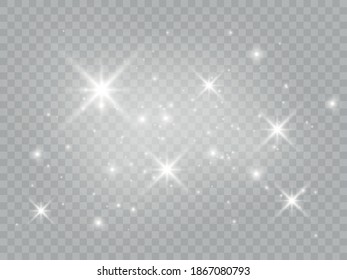 Set of white glowing lights effects isolated on transparent background Sun flash with rays and spotlight Star burst with sparkles