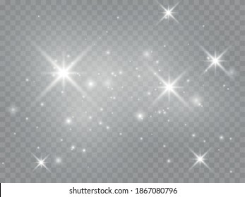 Set of white glowing lights effects isolated on transparent background Sun flash with rays and spotlight Star burst with sparkles