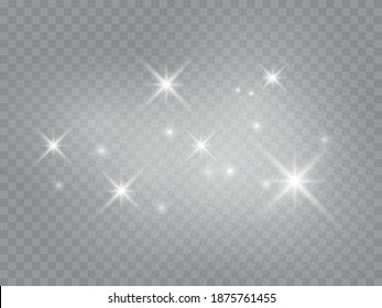 Set of white glowing lights effects isolated on transparent background Sun flash with rays and spotlight Star burst with sparkles