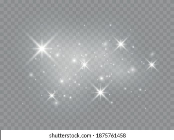 Set of white glowing lights effects isolated on transparent background Sun flash with rays and spotlight Star burst with sparkles