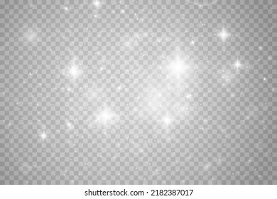 Set of white glowing lights effects isolated on transparent background. Christmas lights. Solar flare with beams and spotlight. Glow effect. Starburst with sparkles for cards and holiday backgrounds.
