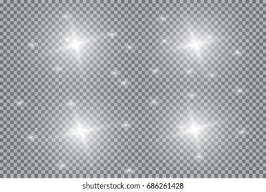 Set of white glowing lights effects isolated on transparent background. Flash with rays and spotlight. Glow light effect. Star burst with sparkles.