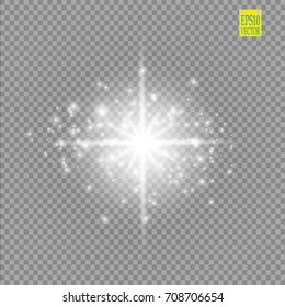 Set of white glowing lights effects isolated on transparent background. Sun flash with rays and spotlight. Glow light effect. Star burst with sparkles. eps 10