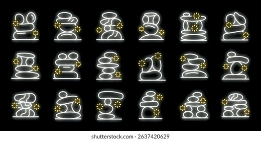 Set of white glowing neon balancing stones icons on a black background, symbolizing stability, mindfulness, and inner peace