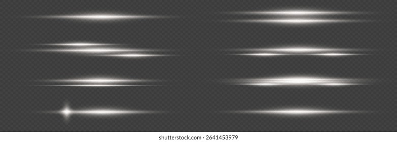 Set of white glowing rays with flash and horizontal light effect. On a transparent background.