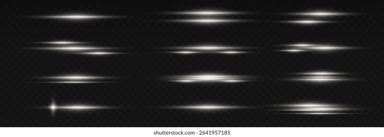 Set of white glowing rays with flash and horizontal light effect. On a transparent background.