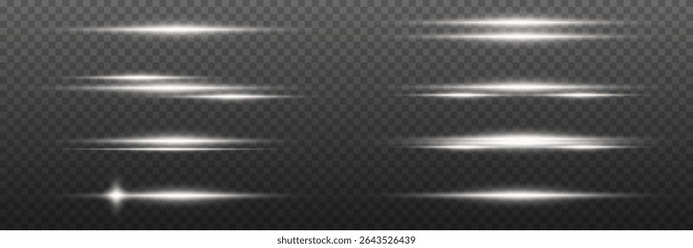 Set of white glowing rays with flash and horizontal light effect. On a transparent background.
