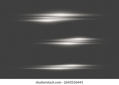 Ensemble de rayons lumineux blancs avec effet flash et lumière horizontale. Sur fond transparent.