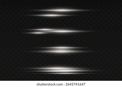 Set of white glowing rays with flash and horizontal light effect. On a transparent background.