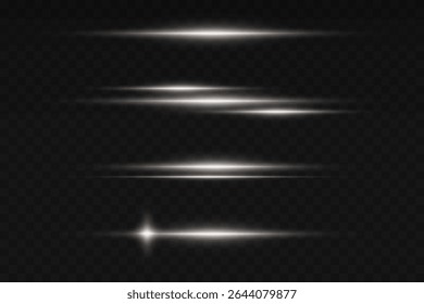 Set of white glowing rays with flash and horizontal light effect. On a transparent background.