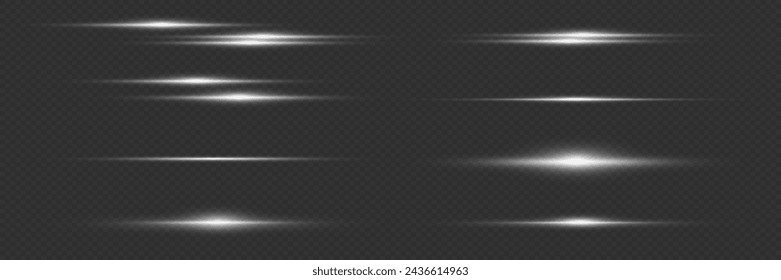 Set of white glowing rays and glare of light, neon line on a transparent background. Vector illustration