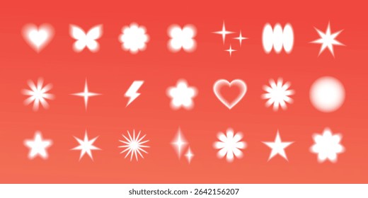 Set of white glowing shapes on a red background. Includes stars, hearts, and flowers. Glowing stars, glowing hearts, and flowers stand out. Cute glowing element set vector.