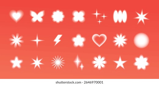 Conjunto de Formas blancas brillantes sobre un fondo rojo. Incluye estrellas, corazones y flores. Destacan las estrellas, los corazones y las flores brillantes. Lindo elemento brillante conjunto Vector.