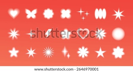Set of white glowing shapes on a red background. Includes stars, hearts, and flowers. Glowing stars, hearts, and glowing flowers stand out. Cute glowing element set vector.