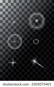 Set of white glowing stars, explosive sunrays shine. Abstract image of light burst and white stars. Vector illustration